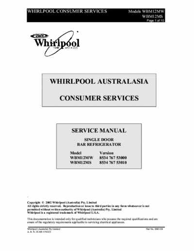 whirlpool Serv Man WBM12MS,MWBottom Freezer whirlpool Serv Man WBM12MS,MW service manual
